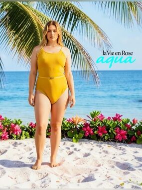 AquaRose by La Vie en Rose, Plus Size XXL, Yellow Crinkle, One Piece Swimsuit